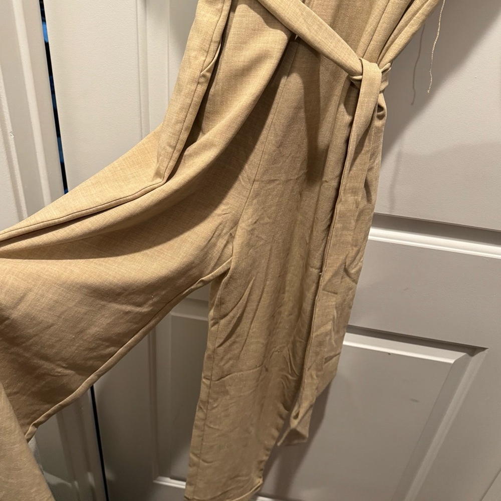 Lulu’s Sensible Sensation Beige Tie-Front Short Sleeve Jumpsuit - Picture 7 of 8
